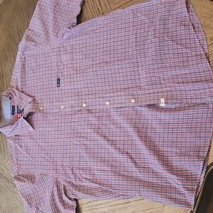 Chaps XL Short-Sleeve Button-Down Shirt in Red and Blue Micro-Check